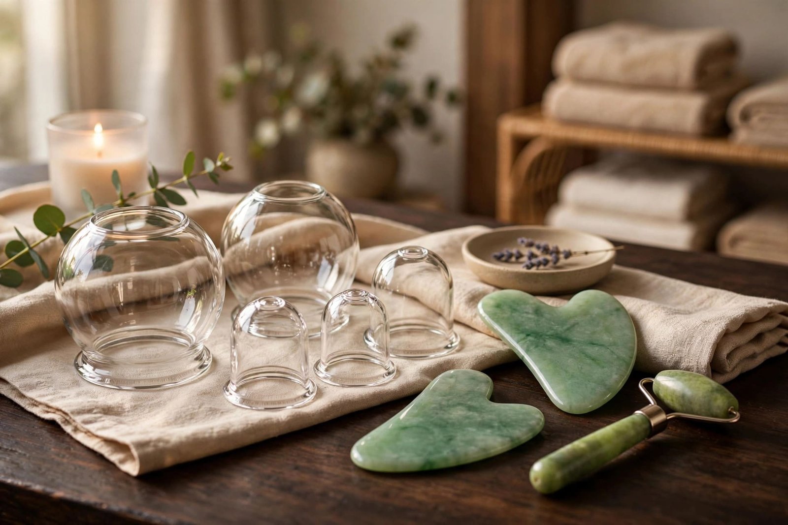 Cupping cups and gua sha tools arranged on a treatment table at Indigo Wellness Clinic, Coquitlam