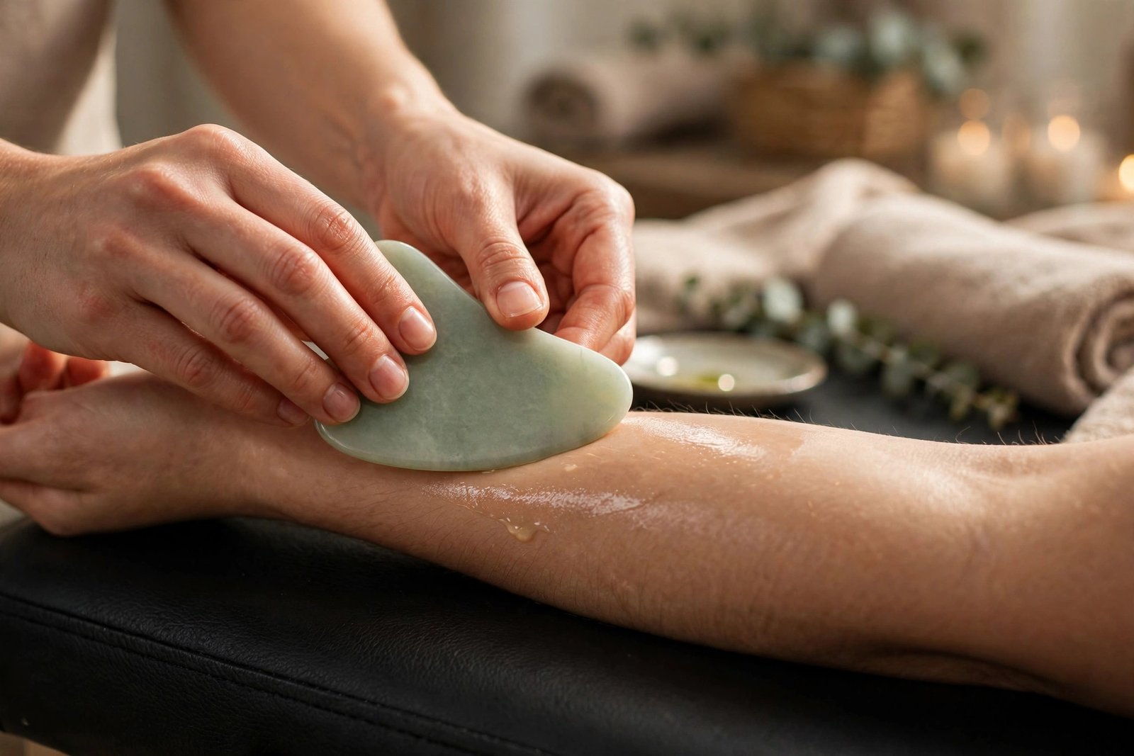 Gua sha therapy on a client's forearm at Indigo Wellness Clinic, Coquitlam