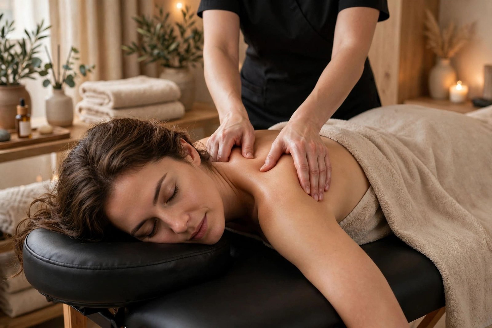 Woman receiving a neck and shoulder massage at Indigo Wellness Clinic, Coquitlam