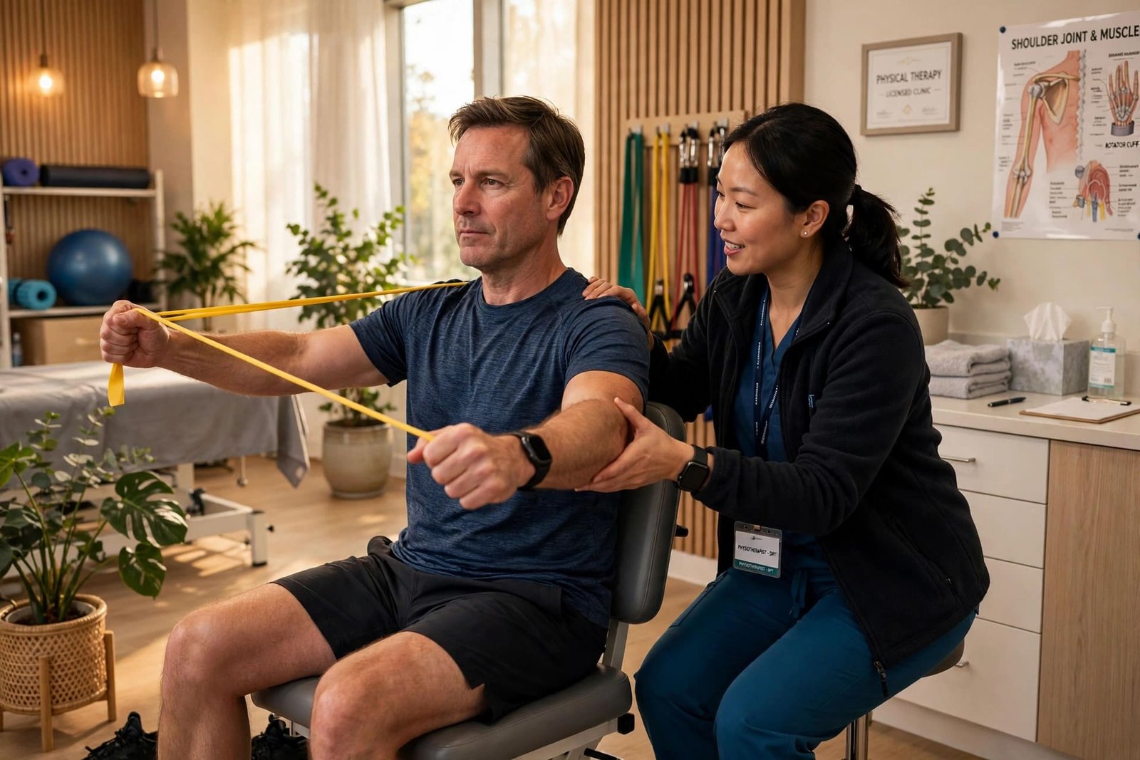Physiotherapist guiding a rehabilitation exercise at Indigo Wellness Clinic, Coquitlam