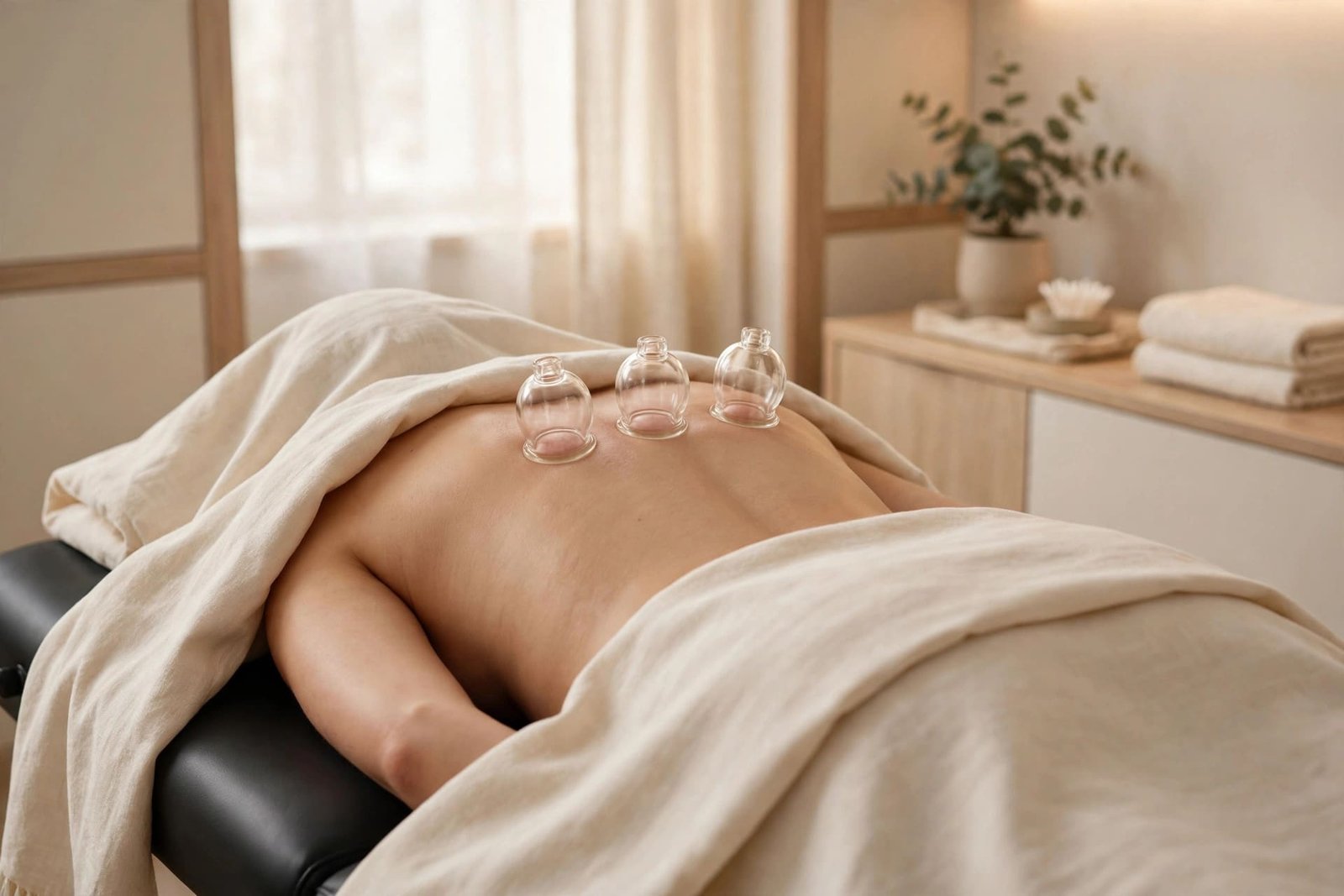 Gentle cupping therapy with a few cups on a client's back at Indigo Wellness Clinic, Coquitlam