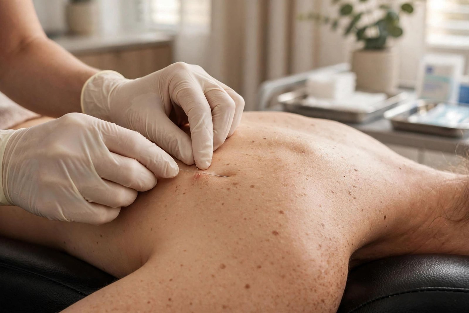 Practitioner performing Fu's Subcutaneous Needling technique at Indigo Wellness Clinic, Coquitlam