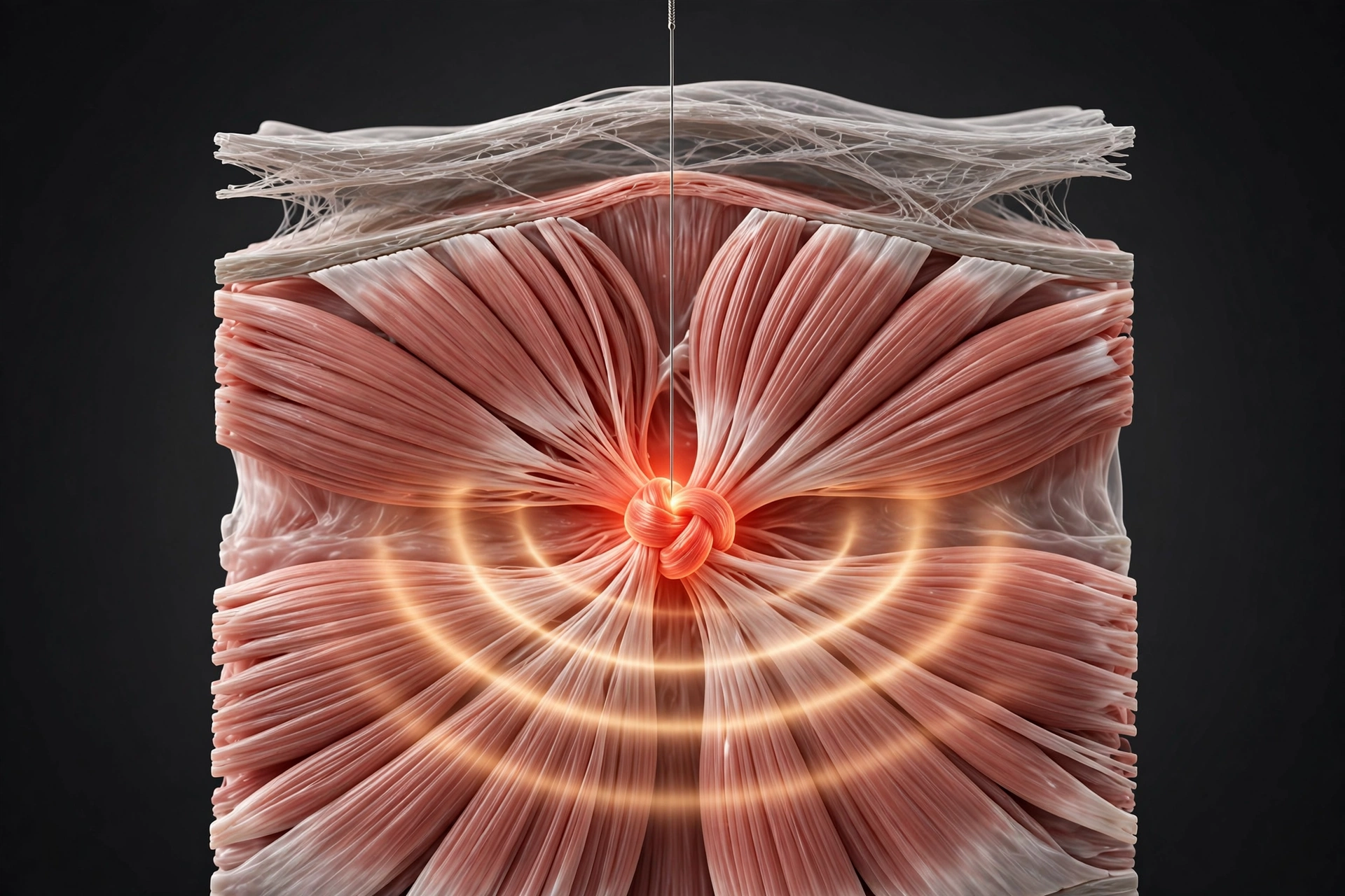 Illustration of IMS dry needling targeting a trigger point in muscle tissue