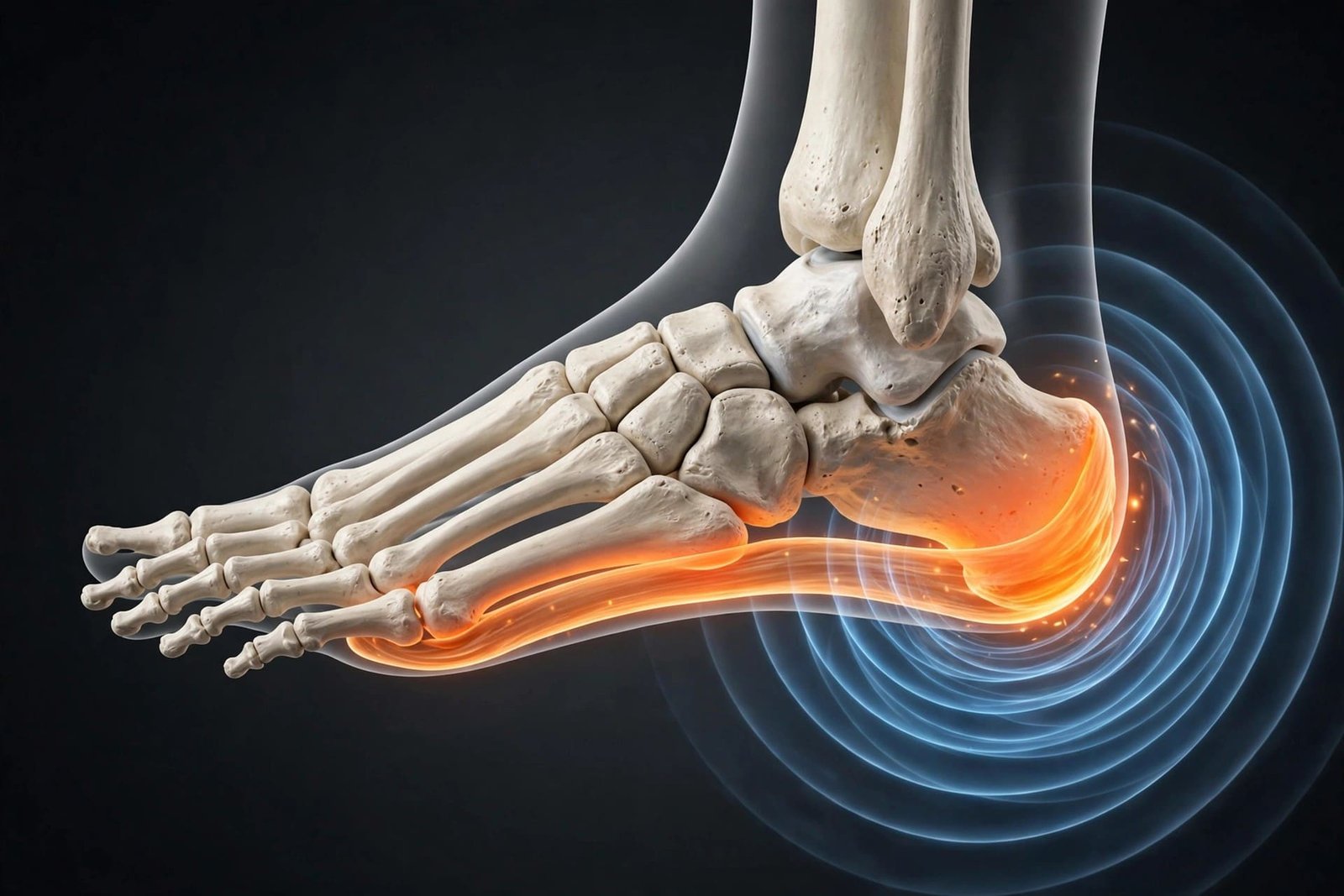Illustration of shockwave therapy treating plantar fasciitis at Indigo Wellness Clinic, Coquitlam